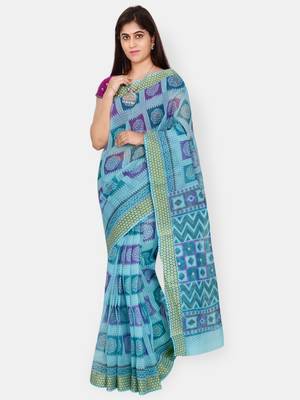 Blue printed blended cotton saree with blouse 1
