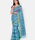 Blue printed blended cotton saree with blouse