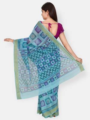 Blue printed blended cotton saree with blouse 2