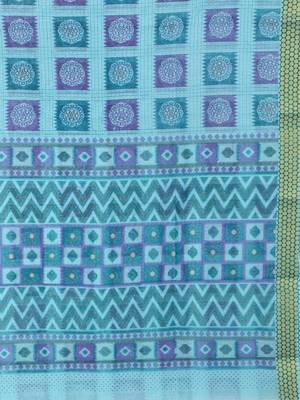 Blue printed blended cotton saree with blouse 4