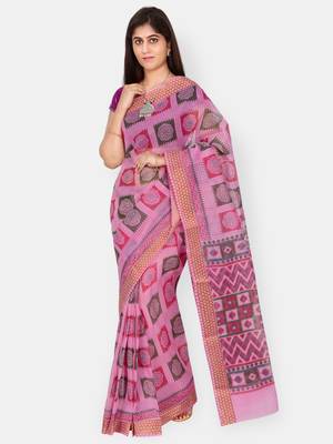 Pink printed blended cotton saree with blouse 1