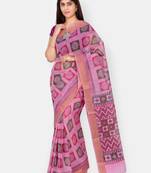Pink printed blended cotton saree with blouse