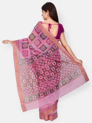 Pink printed blended cotton saree with blouse 2