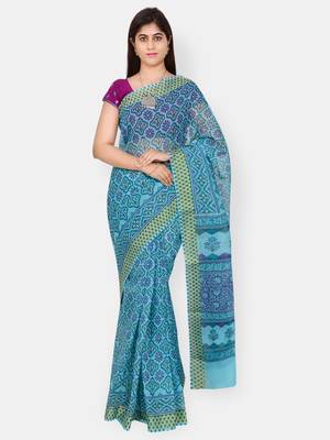 Blue printed blended cotton saree with blouse 1