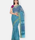 Blue printed blended cotton saree with blouse