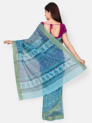 Blue printed blended cotton saree with blouse 2