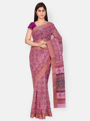 Pink printed blended cotton saree with blouse 1