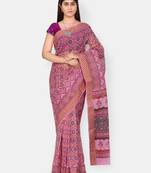 Pink printed blended cotton saree with blouse