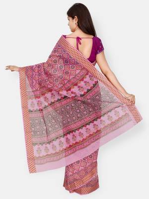 Pink printed blended cotton saree with blouse 2