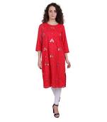 Red embroidered cotton ethnic-kurtis