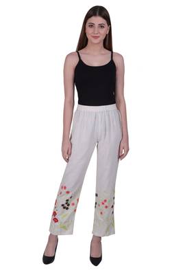 Beige Embroidered Cotton Trousers 3