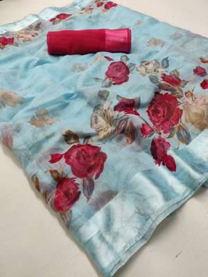 Sky blue printed linen saree with blouse 1