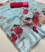Sky blue printed linen saree with blouse