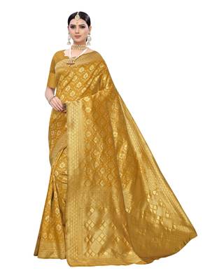 Mustard woven poly silk saree with blouse 1