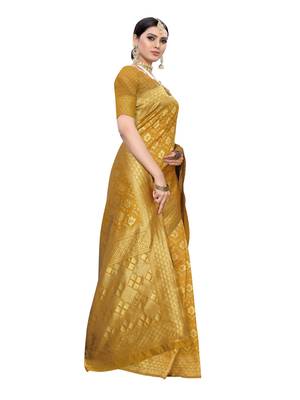 Mustard woven poly silk saree with blouse 2