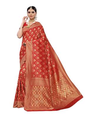Red woven poly silk saree with blouse 1