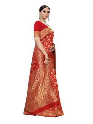 Red woven poly silk saree with blouse 2