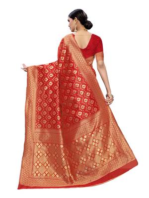 Red woven poly silk saree with blouse 3