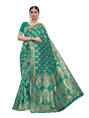 Teal woven poly silk saree with blouse 1