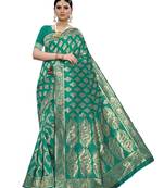 Teal woven poly silk saree with blouse