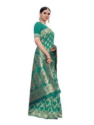 Teal woven poly silk saree with blouse 2
