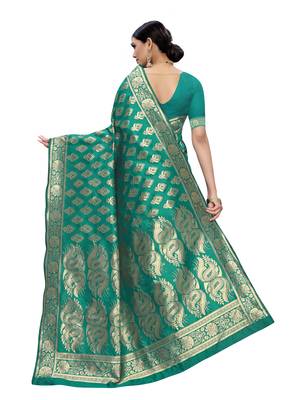 Teal woven poly silk saree with blouse 3