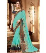 Sky Blue Silk Georgette Saree having Fancy Fabric attachment with Navy Blue Border and Blouse