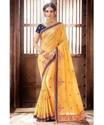 Yellow Chinon Saree having Resham Work with Navy Blue Diamond Lace and Border 1