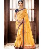 Yellow Chinon Saree having Resham Work with Navy Blue Diamond Lace and Border