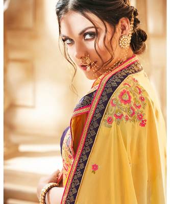 Yellow Chinon Saree having Resham Work with Navy Blue Diamond Lace and Border 2