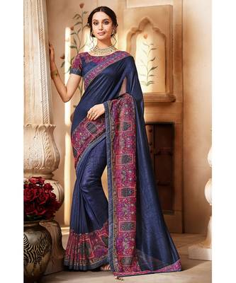 Navy Blue Handloom Silk Saree with Navy Blue Border and Blouse 1