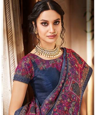 Navy Blue Handloom Silk Saree with Navy Blue Border and Blouse 2