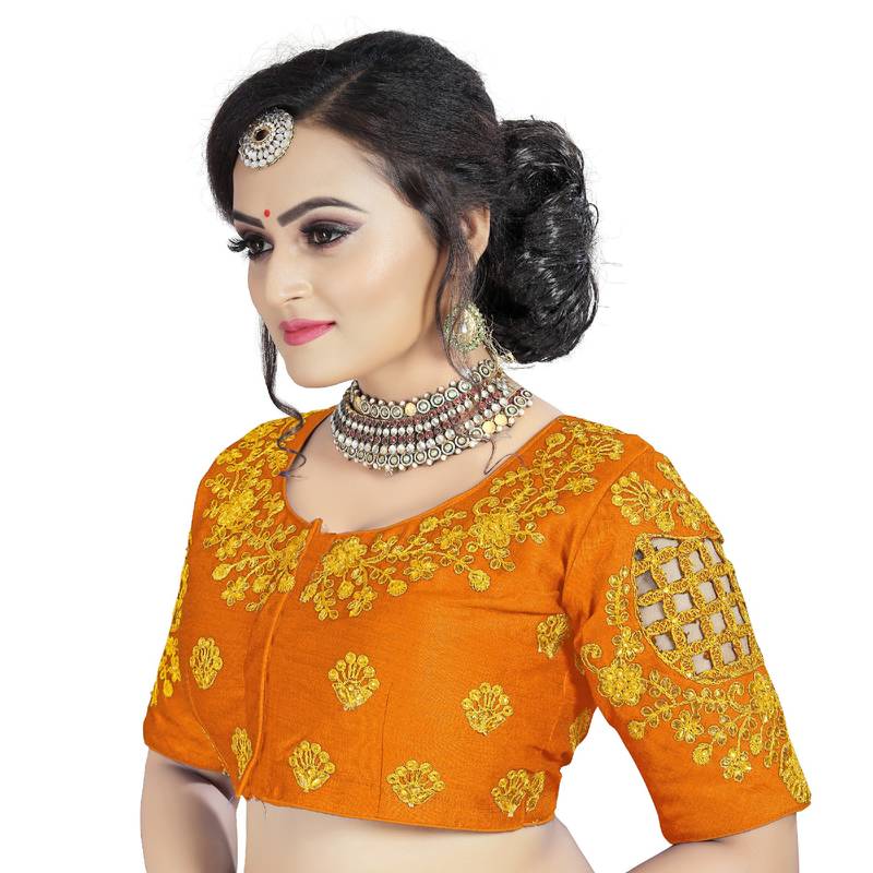 Orange Phantom Silk Fancy Cutwork Gold Color Diamond Handwork Embroidery Coding Work Stitched Blouse