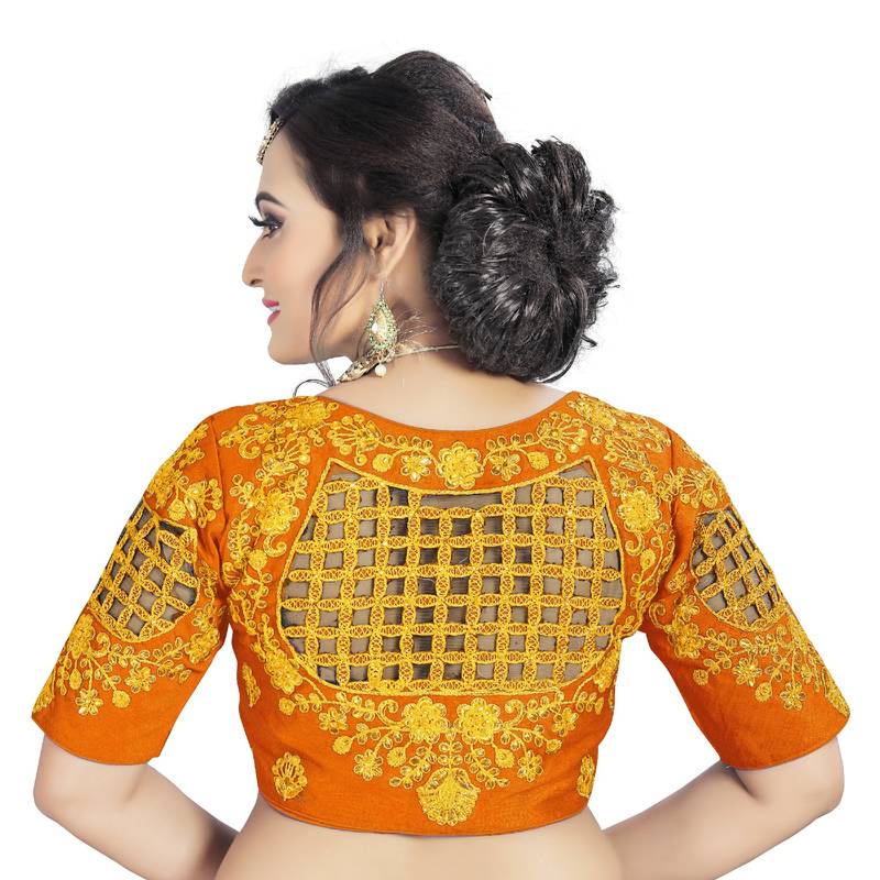 Orange Phantom Silk Fancy Cutwork Gold Color Diamond Handwork Embroidery Coding Work Stitched Blouse
