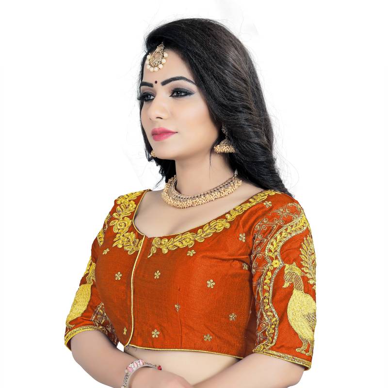 Orange Georgette Embroidery Sequence & Jari Tread Work Blouse