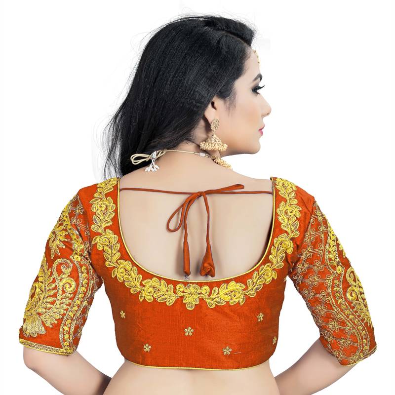 Orange Georgette Embroidery Sequence & Jari Tread Work Blouse