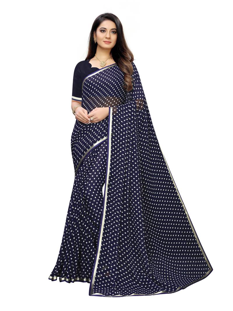 Navy blue printed chiffon saree with blouse Satrani Fashion