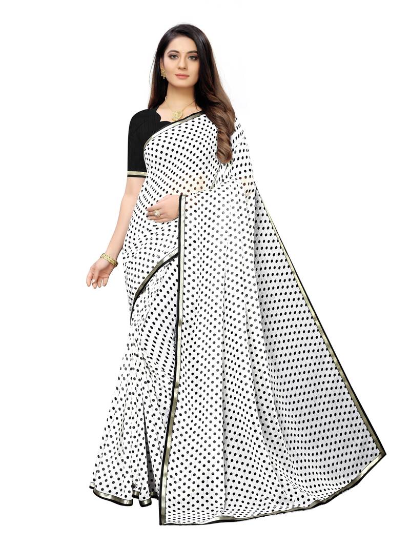 White printed chiffon saree with blouse