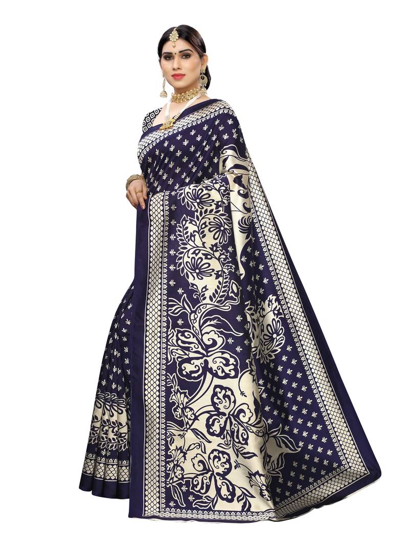 Women's Viscose Silk Navy Blue Printed Designer Saree With Blouse Piece