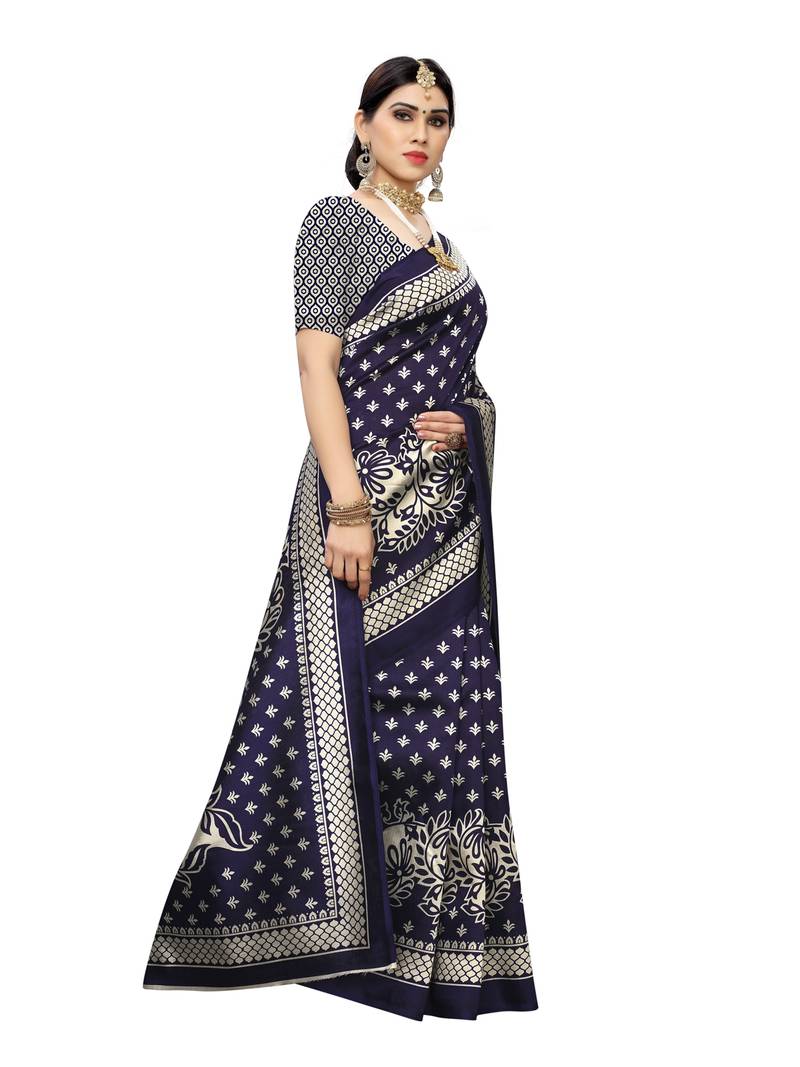 Women's Dola Silk Navy Blue Printed Designer Saree With Blouse Piece