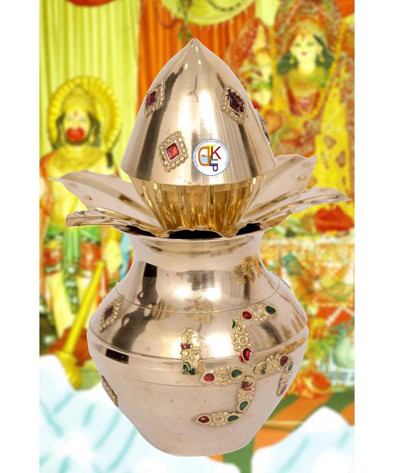 Brass Glossy Kalash with Metallic Coconut Mango Leaves (Gold_16 x 11 x 11 cm)