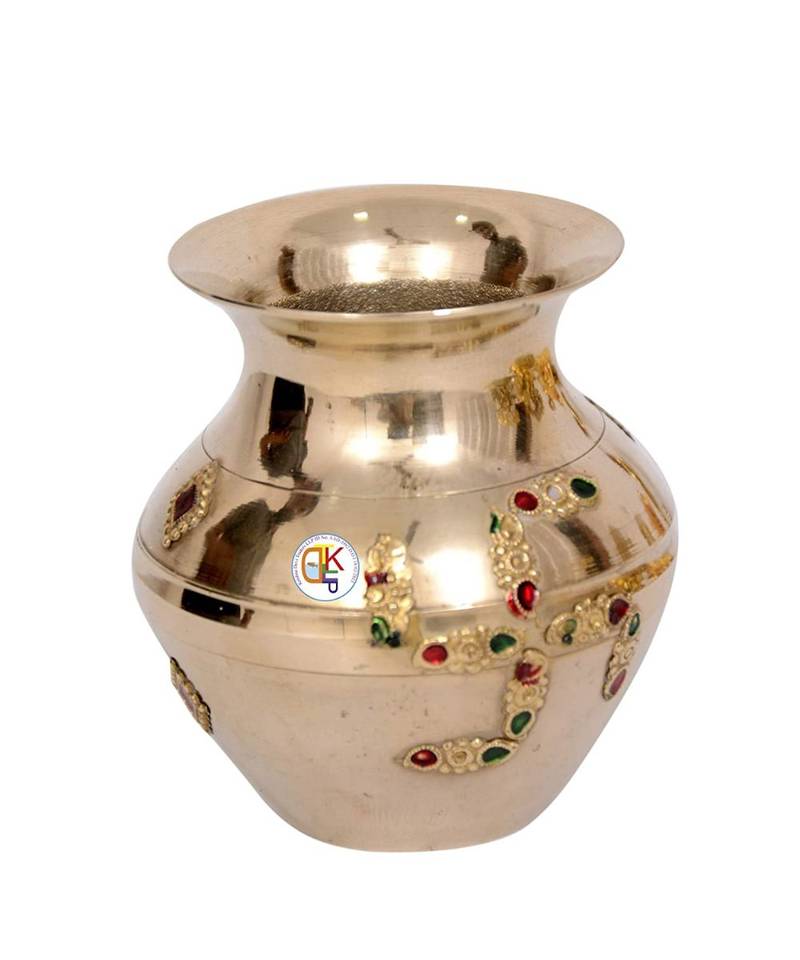 Brass Glossy Kalash with Metallic Coconut Mango Leaves (Gold_16 x 11 x 11 cm)