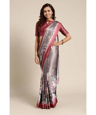 Brown Printed satin saree with blouse 1