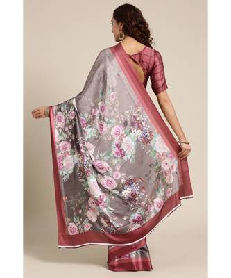 Brown Printed satin saree with blouse 2