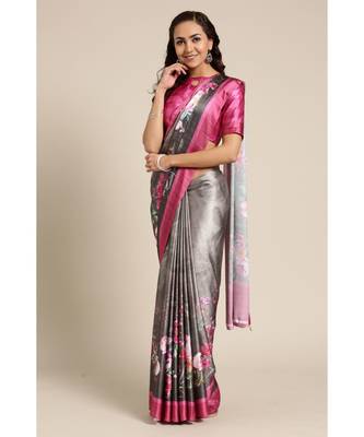 green Printed satin saree with blouse 1
