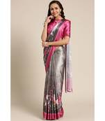 green Printed satin saree with blouse