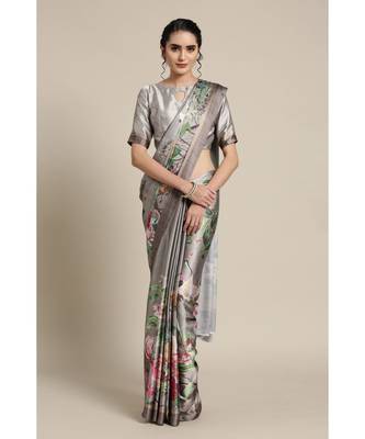 green Printed satin saree with blouse 1