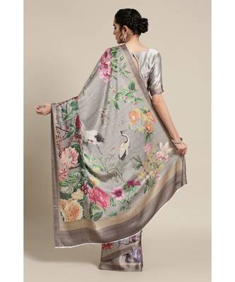 green Printed satin saree with blouse 2