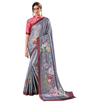Grey plain satin saree with blouse 1
