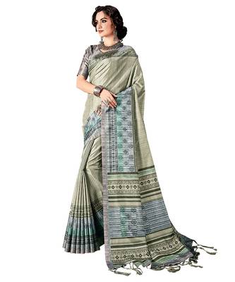 green printed art silk saree with blouse 1